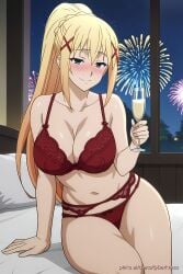 ai_generated blonde_hair blue_eyes blush bra breasts darkness_(konosuba) female girl kono_subarashii_sekai_ni_shukufuku_wo! lingerie new_year panties red_lingerie