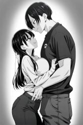 big_breasts black_and_white boku_no_kokoro_no_yabai_yatsu boner boner_in_pants boner_under_clothes clothed clothed_female clothed_male couple dat_ass eye_contact horny_face horny_female ichikawa_kyoutarou lifting_clothing lifting_shirt medium_breasts size_difference smile smiley_face standing taller_male yamada_anna