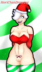 big_breasts big_breasts big_thighs brawl_stars christmas christmas_outfit colette_(brawl_stars) sharp_teeth thighs_together vagina white_hair