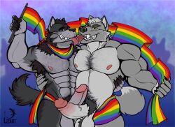 alex_nightmurr anthro armpit_hair body_hair bulge canid canine canis chest_hair duo erection genitals hairy hi_res humanoid_genitalia humanoid_penis kissing lizart lugo male male/male mammal muscular penis pubes rainbow_flag rainbow_symbol thick_penis tongue wolf yellow_eyes