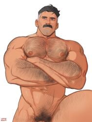 1boy absurdres arm_hair artist_name bara black_hair blue_eyes chest_hair commentary cowboy_shot crossed_arms english_commentary enri_(ceinordraws) facial_hair highres invincible_(series) large_pectorals leg_hair male_focus male_pubic_hair moustache multicolored_hair muscular muscular_male navel nipples nolan_grayson pectorals pubic_hair simple_background solo thick_thighs thighs two-tone_hair white_background