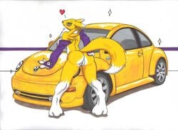 2015 anthro areola ass bandai black_nose black_sclera blue_eyes boxice breasts car chest_tuft detached_sleeves digimon female fingerless_gloves fur furry furry_only gloves heart hindpaw looking_at_viewer nipples paws presenting presenting_hindquarters pussy rear_view renamon shiny simple_background smile solo tuft yellow_fur