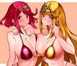 2girls bikini blush blush_lines blushing_at_viewer core_crystal core_crystal_(xenoblade) gold_bikini looking_at_viewer mythra mythra_(xenoblade) oniisan02b pyra pyra_(xenoblade) red_bikini red_eyes red_hair sweat symmetrical_docking xenoblade_(series) xenoblade_chronicles_2 yellow_eyes yellow_hair yotsuhauni