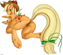 alpha_channel anthro anus applejack_(mlp) big_breasts breasts clitoral_winking clitoris cutie_mark equine female freckles friendship_is_magic fur furry furry_only green_eyes hair hat hooves horse long_hair looking_at_viewer looking_back mammal marukomuru multicolored_hair my_little_pony nipples orange_fur pony presenting puffy_anus pussy rainbow_power raised_tail rear_view smile smooth_skin solo