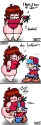 1boy 1girls auburn_hair blue_hair blue_pants blush boots boyfriend_(friday_night_funkin) christmas christmas_clothing christmas_outfit chubby chubby_female derp777 dialogue fat fat_female fat_woman friday_night_funkin girlfriend_(friday_night_funkin) height_difference kissing kissing_belly mistletoe pink_skin red_cap red_hair red_jacket red_one-piece_swimsuit shocked shocked_expression smirk tagme text thighhighs white_background