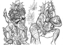 1boy1girl 2024 armor big_ass big_breasts big_dom_small_sub bigger_female blasphemous clitoris clothed_sex consensual crisanta dominant_female hairy holding_legs knight leg_grab legs_up monochrome penitent_one pudgy_belly rubbing scar scissoring sirmaxwell smaller_male spikes spread_legs standing tagme torn_clothes