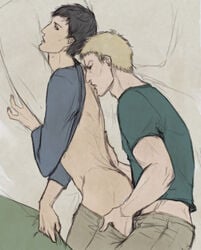 2boys attack_on_titan bertolt_hoover black_hair blonde_hair from_behind gay hair male male/male male_only multiple_boys on_side reiner_braun yaoi