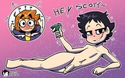 2023 2boys ahoge artist_logo artist_name artist_signature black_hair blush brown_hair drunk gay inviting inviting_to_sex kaijusundae male male_only martini naked naked_male no_sex nude nude_male penis scott_pilgrim scott_pilgrim_takes_off scott_w_pilgrim wallace_wells yaoi