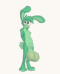 animal_genitalia anthro balls bernie-buddy big_balls fully_sheathed fur genitals green_body green_fur hands_behind_back huge_balls hyper hyper_balls hyper_genitalia lagomorph leporid long_ears looking_at_viewer male mammal rabbit saggy_balls sheath solo