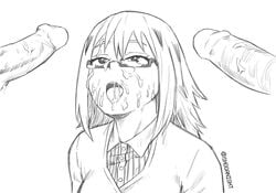 1girls 2boys accurate_art_style clothing cum cum_in_mouth cum_on_face cumshot faceless_male facial fuyumi_todoroki glasses looking_pleasured mmf_threesome monochrome my_hero_academia official_style open_mouth penis shoganight