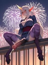 cumming cumshot festive futanari horse_penis league_of_legends, new_year riot_games soraka yukata