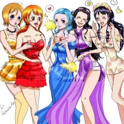 5girls baby_5 belt big_breasts black_hair blue_eyes blue_hair brown_eyes brown_hair dress flower heart koala_(one_piece) long_hair nami nefertari_vivi nico_robin one_piece orange_eyes orange_hair ponytail purple_hair red_eyes ribbon samanta95 short_hair sunglasses thighs