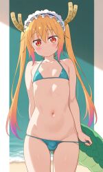 1boy ai_generated blonde_hair bulge dragon_boy femboy kobayashi-san_chi_no_maidragon looking_at_viewer maid_headdress male male_focus micro_bikini miss_kobayashi's_dragon_maid navel pale-skinned_male solo tohru_(dragon_maid)