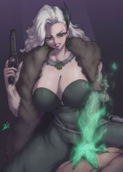 clothes_lift clothing cowgirl_position curly_hair deadlock dominant dress eyeshadow female female_only firearm fur_scarf green_eyes gun handgun hellcross hellcrossh lady_geist looking_at_viewer looking_pleasured milf pale_skin red_lipstick revolver simple_background smile smiling_at_viewer thick_lips thick_thighs valve weapon white_hair white_skin