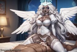 1girls ai_generated angel angel_girl angel_wings big_ass big_balls big_breasts big_butt big_penis choker cleavage collar cowgirl_position creamhorseai cum cum_drip cum_in_pussy cum_inside dark-skinned_female dark_eyes dark_skin excessive_cum female garter_belt hazbin_hotel high_resolution highres horny huge_ass huge_balls huge_breasts huge_cock hyper_balls interracial lingerie long_hair male/female mature_female riding_penis seductive sera_(hazbin_hotel) stockings testicles thighhighs vaginal_penetration vaginal_penetration vaginal_sex very_long_hair voluptuous voluptuous_female white_eyes white_hair white_lingerie