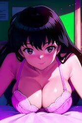 1girls ai_generated bed bedroom big_breasts black_hair blush bra brown_eyes cleavage close_up curvy curvy_female female her_brother_drives_a_subaru inuyasha kagome_higurashi long_hair night pink_bra self_upload smile stable_diffusion