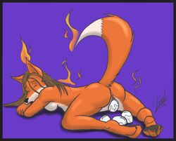 anthro anus breasts canine egg egg_laying female fire fox fur hair linktoreality mammal nick_(fem) nude open_mouth pawpads paws pussy raised_tail solo vaginal_penetration