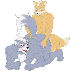 akuann all_fours anal ass blush canine doggy_style fox fox_mccloud from_behind male mammal muscles nintendo pecs sex star_fox video_games wolf wolf_o'donnell yaoi