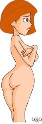 ann_possible ass back_view blue_eyes breasts color covering covering_breasts curvy disney embarrassed female female_only gkg hips human kim_possible lips milf nude red_hair short_hair sideboob solo straight_hair thick_lips thighs