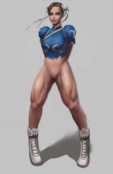 boots bottomless brown_eyes brown_hair bun_cover capcom chinese_clothes chun-li female female_only grotessive human looking_at_viewer navel pose pussy shadow simple_background smile solo standing street_fighter thick_thighs torn_clothes