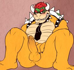 1boy 2015 anthro anus ass balls blush bowser erection eyewear glasses grin hair horn koopa male male_only mario_(series) necktie nintendo penis scalie smile solo spikes teeth thewildwolfy