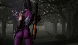 3d animated armor ass back_view black_hair bodysuit fingerless_gloves fishnets forest gauntlets katana kunoichi long_hair namco ninja outdoors ponytail shoulder_pads skin_tight soul_calibur soul_calibur_iv source_filmmaker standing sword taki the_firebrand tied_hair tree weapon