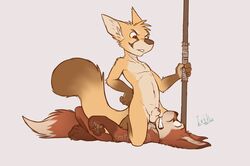 anthro balls canine duo fennec fox iztli male mammal on_top penis penis_tip sheath straddling yaoi