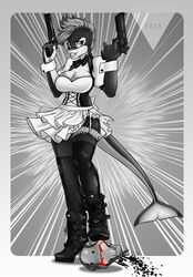 2015 abstract_background black_and_white bra breasts cetacean cleavage clothed clothing collaboration elain elain_blackfish female gun hair handgun llmixll maid_uniform mammal marine monochrome nocran orca pistol pose ranged_weapon simple_background skirt smile solo solo_focus treblinka underwear weapon whale