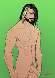 1boy balls beard black_hair celebrity cum erect_nipples half-erect male male_only muscle nude partially_retracted_foreskin penis precum_drip presenting reiner55 seth_rollins solo tagme wrestling wwe yellow_hair