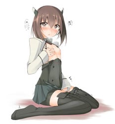 blush brown_eyes brown_hair female female highres kaminagi_(kaminagi-tei) kantai_collection looking_at_viewer masturbation nipples open_mouth short_hair small_breasts solo taihou_(kantai_collection)