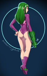 angry arm_cannon ass back_view blue_eyes boots daniel_macgregor female female_only green_hair human justin_bailey leotard long_hair looking_back metroid nintendo polarityplus samus_aran simple_background solo standing