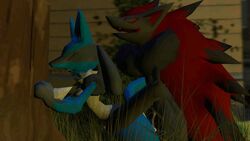 2joey4u 3d ambiguous_gender animated ass bent_over black_fur blue_fur bush claws cum cum_on_ass from_behind garry's_mod grass humping interspecies long_hair lucario male nintendo outside penetration pokemon pokemon_(species) precum red_fur red_hair sex video_games zoroark