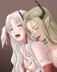 angel_wings blonde_hair blue_eyes breast_grab breasts breasts_out demon drooling elf_ears erect_nipples exposed_breasts female grabbing grabbing_from_behind hand_on_breast high_priest high_priest_(ragnarok_online) horn incubus incubus_(ragnarok_online) licking licking_shoulder lowres male mouth_open mr._romance nipples pointy_ears ragnarok_online red_eyes ribbon saliva saliva_trail sweat white_hair