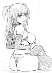 1girls breasts death_note female female_only human lingerie misa_amane monochrome panties pointy_chin shinozuka_jouji sitting sketch solo thighhighs thong tied_hair twintails underwear