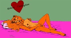 2010 anthro barefoot bear breasts brown_highlights disney female female_only fingering fondling_breast fur furry furry_breasts hair lying mammal masturbation nipples on_back on_bed orange_fur orange_hair rebecca_cunningham side_view solo talespin