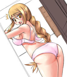 agrias_oaks ass blonde_hair blush bra braid curvy d_kurouri female female_only final_fantasy final_fantasy_tactics final_fantasy_tactics_(original) human lingerie long_hair panties pointy_chin single_braid solo underwear yellow_eyes