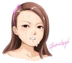 brown_eyes brown_hair cum facial female hairband idolmaster long_hair minase_iori open_mouth simple_background solo takahashi_umori white_background