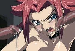 1girls 2boys blush censored code_geass collar female group_sex kallen_stadtfeld male mosaic_censoring rape tears topless