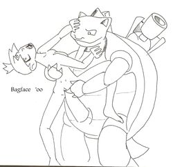 1boy 1girls 2000 bagface black_and_white blastoise female human kasumi_(pokemon) male monochrome nintendo penis pokemon pokemon_(species) pokephilia sex small_breasts tagme