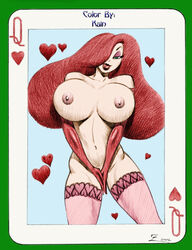 1girls 2002 areola arm_gloves artist_signature big_breasts colored covering_crotch disney eyeshadow female female_only green_eyes hair_over_one_eye hearts hearts_around_body hearts_around_head jessica_rabbit julius_zimmerman kain_(colors) lipstick long_hair long_red_hair looking_at_viewer nipples playing_card red_hair solo stockings who_framed_roger_rabbit