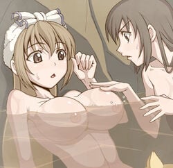 :< ahoge bath breast_envy breasts brown_eyes brown_hair bust caryo female floating_breasts groping haruka_minami huge_breasts kana_minami large_breasts minami-ke minami_chiaki minami_haruka minami_kana multiple_girls nanashino nipples nude onsen siblings sisters staring_at_breasts sweat topless towel towel_on_head water yuri