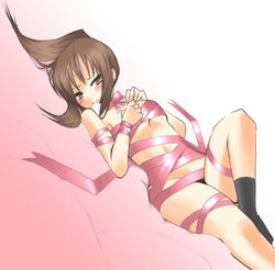 beige_skin blush brown_eyes brown_hair color condom female female_only footwear hair hane_(hanegoya) kyon kyonko looking_at_viewer lying mouth_hold naked_ribbon nude on_back open_eyes ribbon rule_63 socks solo suzumiya_haruhi suzumiya_haruhi_no_yuuutsu toobane