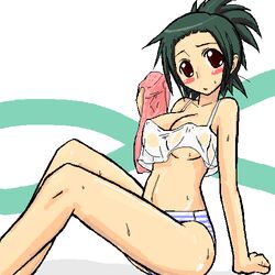 1girls blush breasts green_hair lowres midriff oekaki ooba_tsukiyo panties sketchbook sketchbook_full_colors striped striped_panties underwear