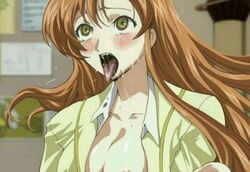 ahe_gao code_geass edit edited geass green_eyes orange_hair pointy_chin shirley_fenette tears tongue_out unbuttoned unbuttoned_shirt