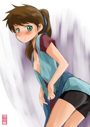 1girls atoru bike_shorts blush breasts brown_hair clothing dressing female flat_chest green_eyes long_hair maira_gen open_clothes open_shirt petite shirt shorts solo tenpou_ibun_ayakashi_ayashi