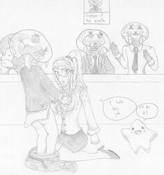 cleavage crossover english_text female hair heels human large_breasts male metroid metroid_(creature) monochrome necktie nintendo no_bra paizuri ponytail samus_aran sonic_(series) sonic_the_hedgehog starfy straight straight_hair suit the_legendary_starfy