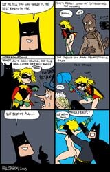 1girls 2008 4boys batman batman_(series) blonde blonde_hair bruce_wayne comedy comic dc dc_comics dialogue female grabbing_from_behind hair harley_quinn hellstroem male naked_female pigtails robin_(dc) robin_(dc)_(other) scarecrow_(dc) speech_bubble text the_penguin two-face