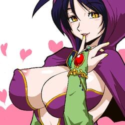 areola bleu blue_hair blush breasts breath_of_fire breath_of_fire_i breath_of_fire_ii cleavage clothing deis erect_nipples fjym2 heart hood huge_breasts japanese_clothes jewelry large_breasts lips lowres nipples oekaki yellow_eyes