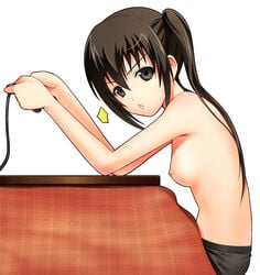 1girls artist_request breasts bust clothing female kana_minami kotatsu minami-ke minami_kana nipples playing_games small_breasts solo table tied_hair topless twintails