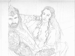 aragorn arwen_undomiel breasts elf female lord_of_the_rings male monochrome paizuri straight vp